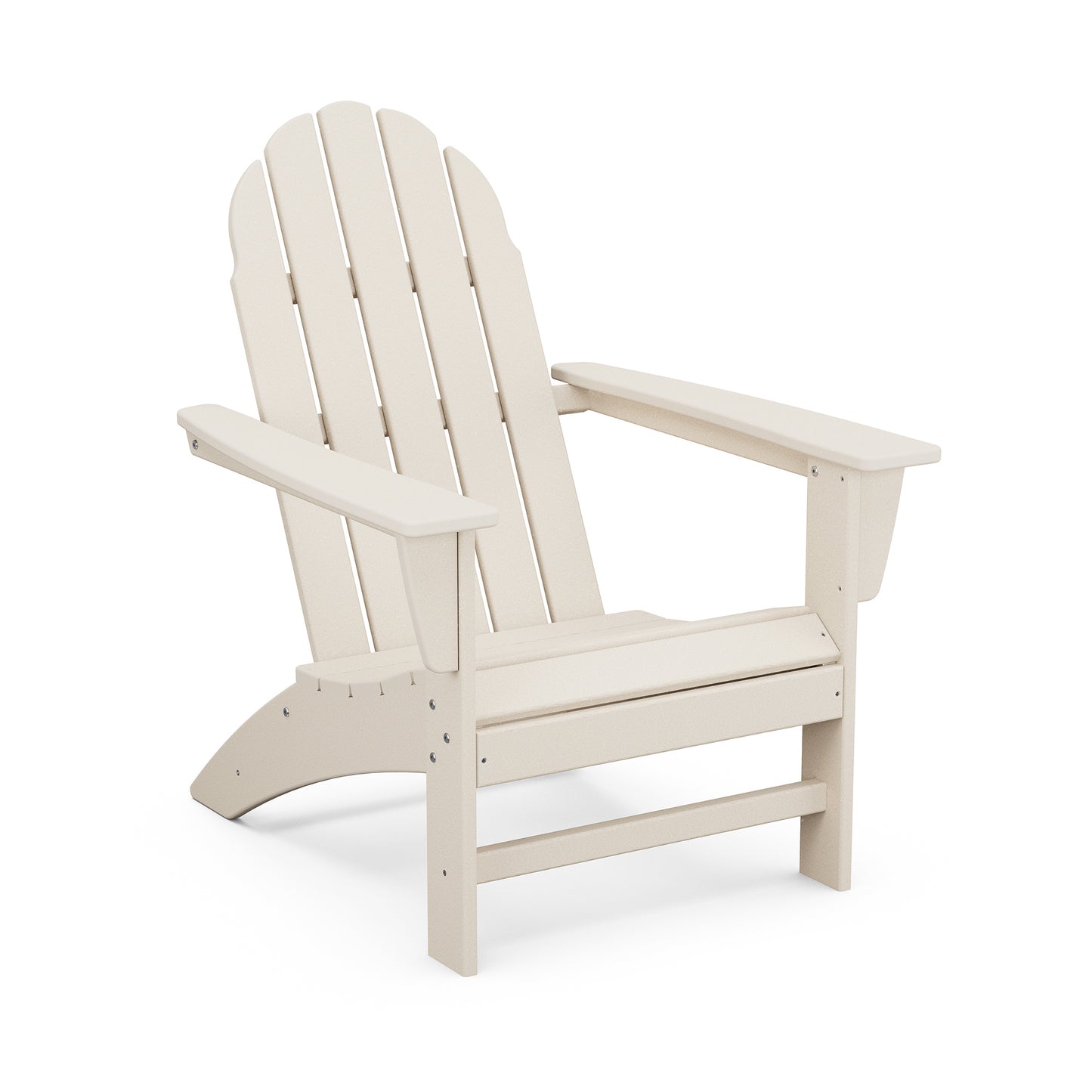 A beige POLYWOOD Vineyard Adirondack chair made of plastic, featuring a slatted design, wide armrests, and a gently sloping back, isolated on a white background.