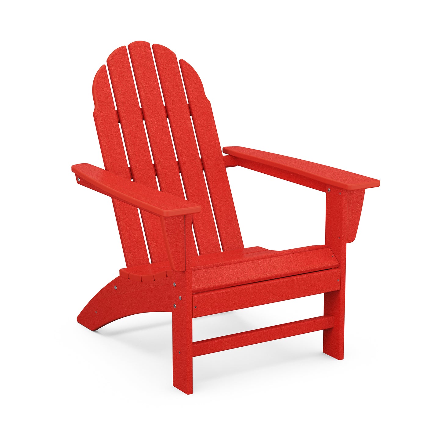 A bright red POLYWOOD Vineyard Adirondack Chair isolated on a white background. The chair features a traditional slatted back and wide armrests.