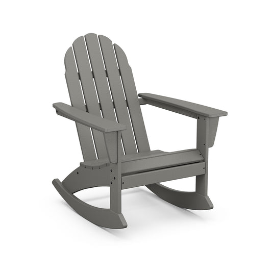 A gray POLYWOOD Vineyard Adirondack Rocking Chair, featuring a high back and wide armrests, shown isolated on a white background.