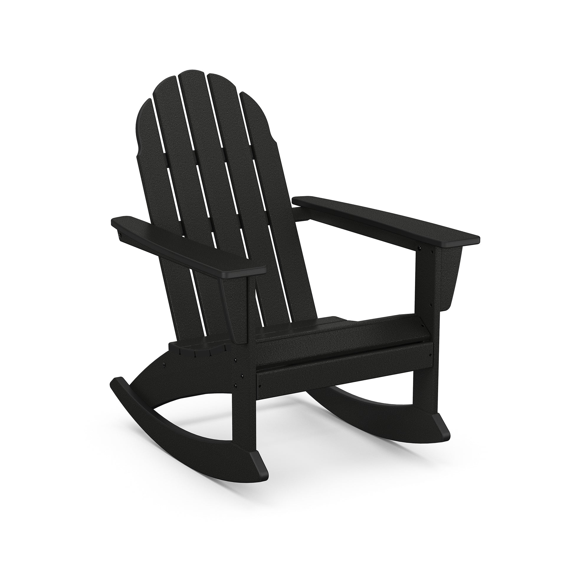 A black POLYWOOD® Vineyard Adirondack Rocking Chair with a classic slatted design and wide armrests, shown on a plain white background.