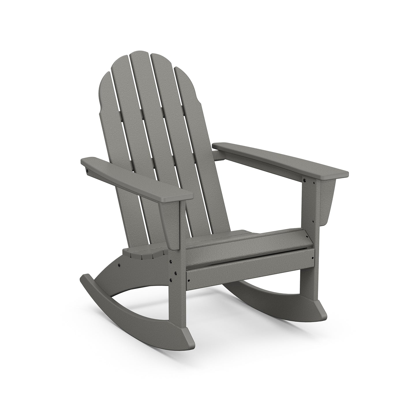 A single gray POLYWOOD Vineyard Adirondack rocking chair, featuring a contoured back and flat arms, stands isolated on a white background.