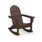 A brown POLYWOOD Vineyard Adirondack Rocking Chair made of plastic, featuring a wide back with vertical slats and a sloped seat, isolated on a white background.