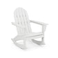 A classic white POLYWOOD® Vineyard Adirondack rocking chair isolated on a white background, showing its curved backrest and broad armrests.