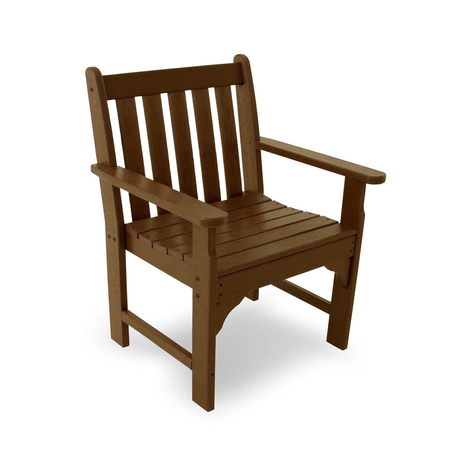 A brown POLYWOOD® Vineyard Arm Chair isolated on a white background, featuring a slatted back and seat, with sturdy armrests.