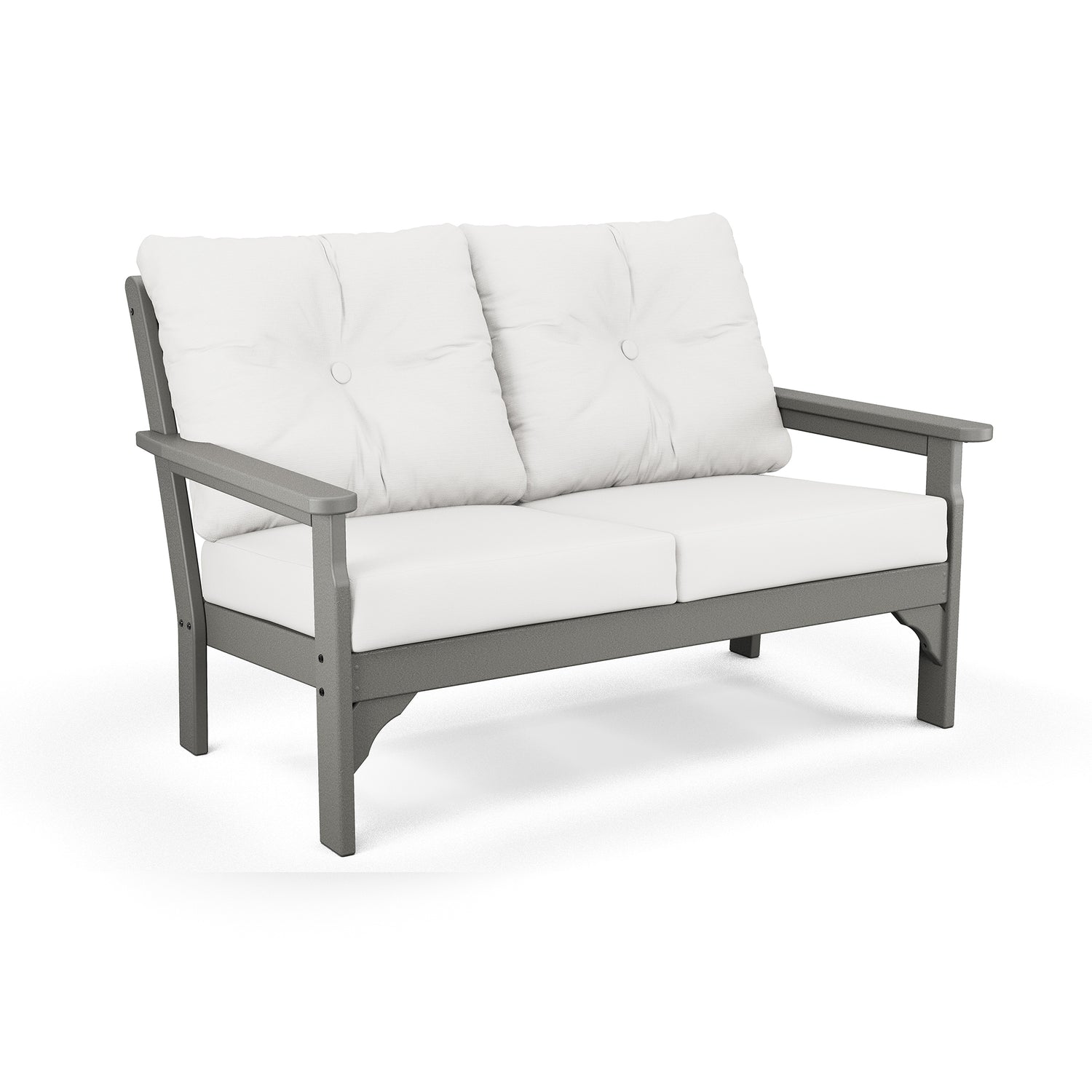Grey POLYWOOD Vineyard Deep Seating Settee with white cushions, wooden frame, and tufted back cushions; weather-resistant.