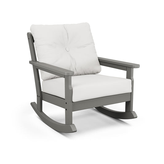 A modern gray POLYWOOD Vineyard Deep Seating Rocking Chair with thick all-weather fabric cushions on the seat and back, set against a plain white background.