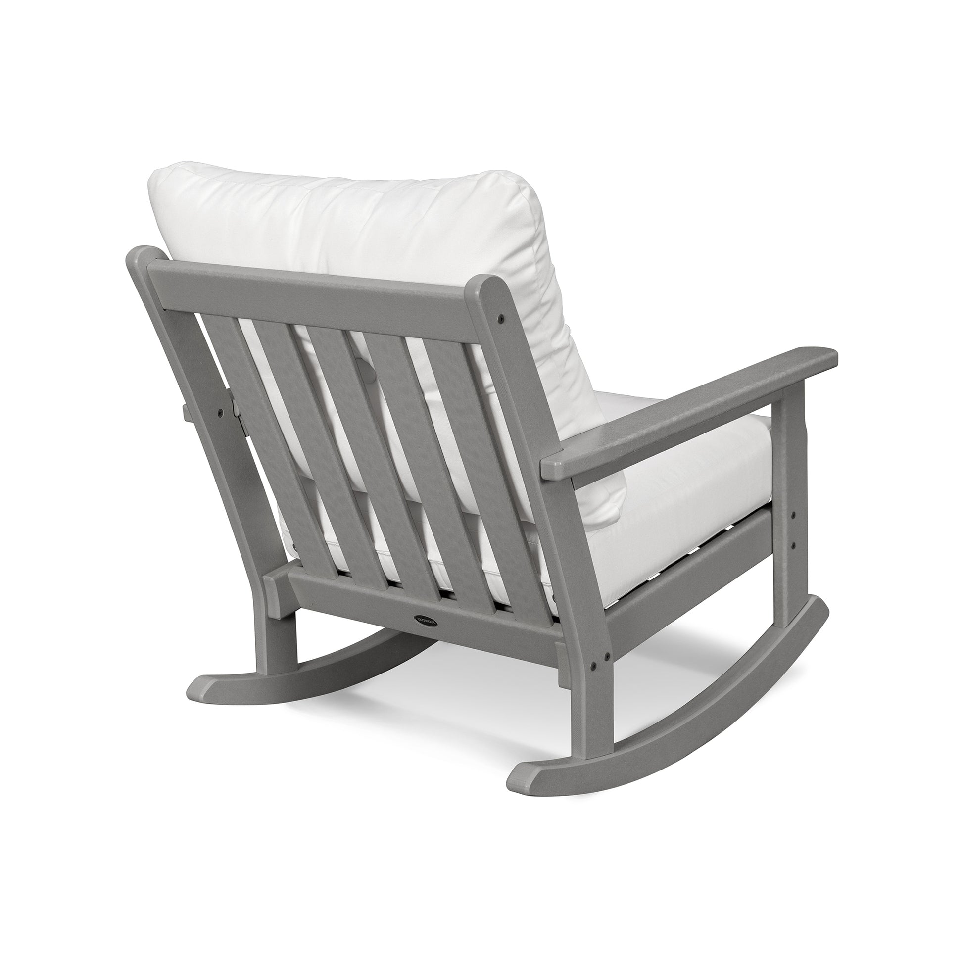 A gray POLYWOOD Vineyard Deep Seating Rocking Chair with a vertical slat back and seat design, featuring armrests and an all-weather fabric cushion on the backrest, isolated on