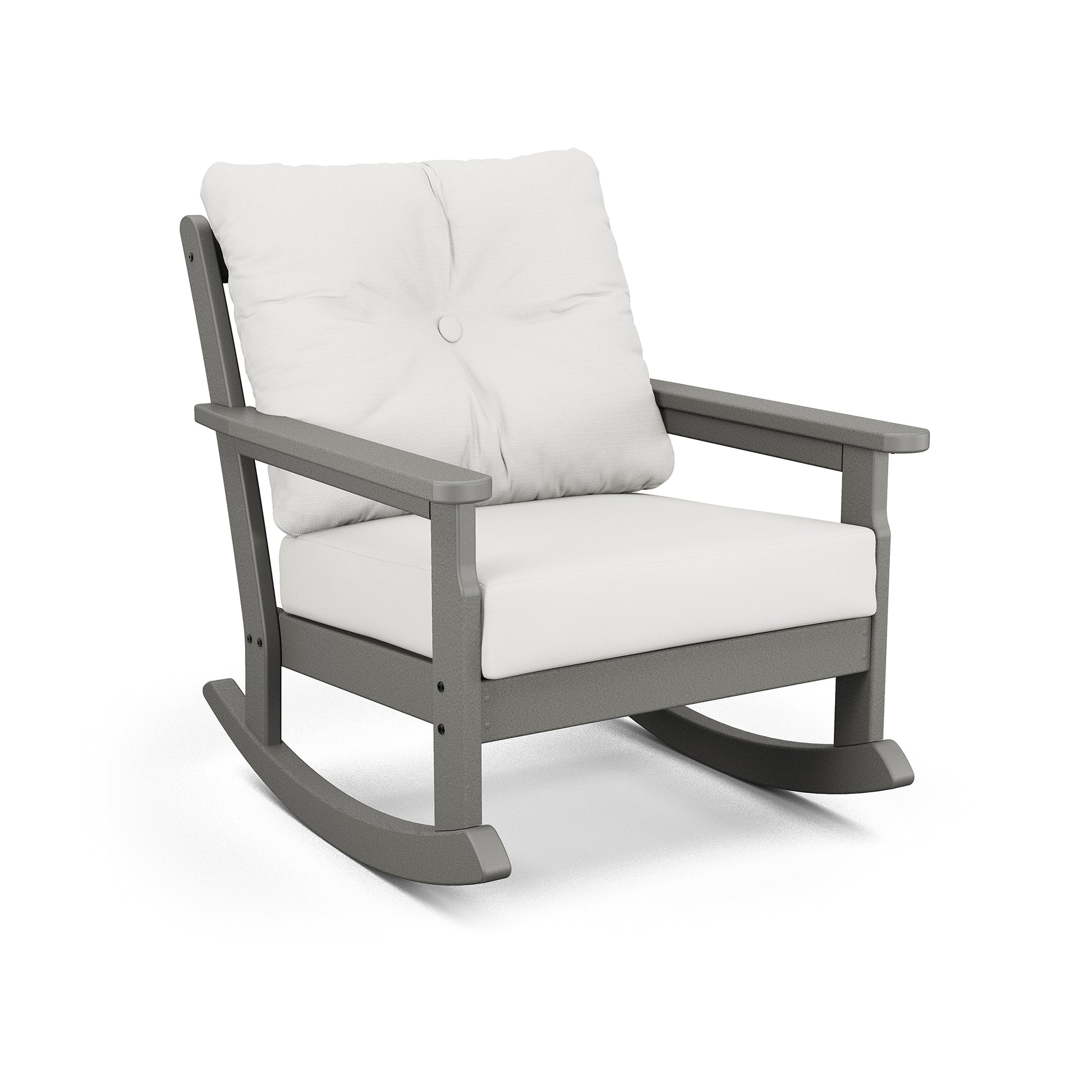 A modern gray POLYWOOD Vineyard Deep Seating Rocking Chair featuring a white all-weather fabric cushion on both the seat and backrest, isolated on a white background.