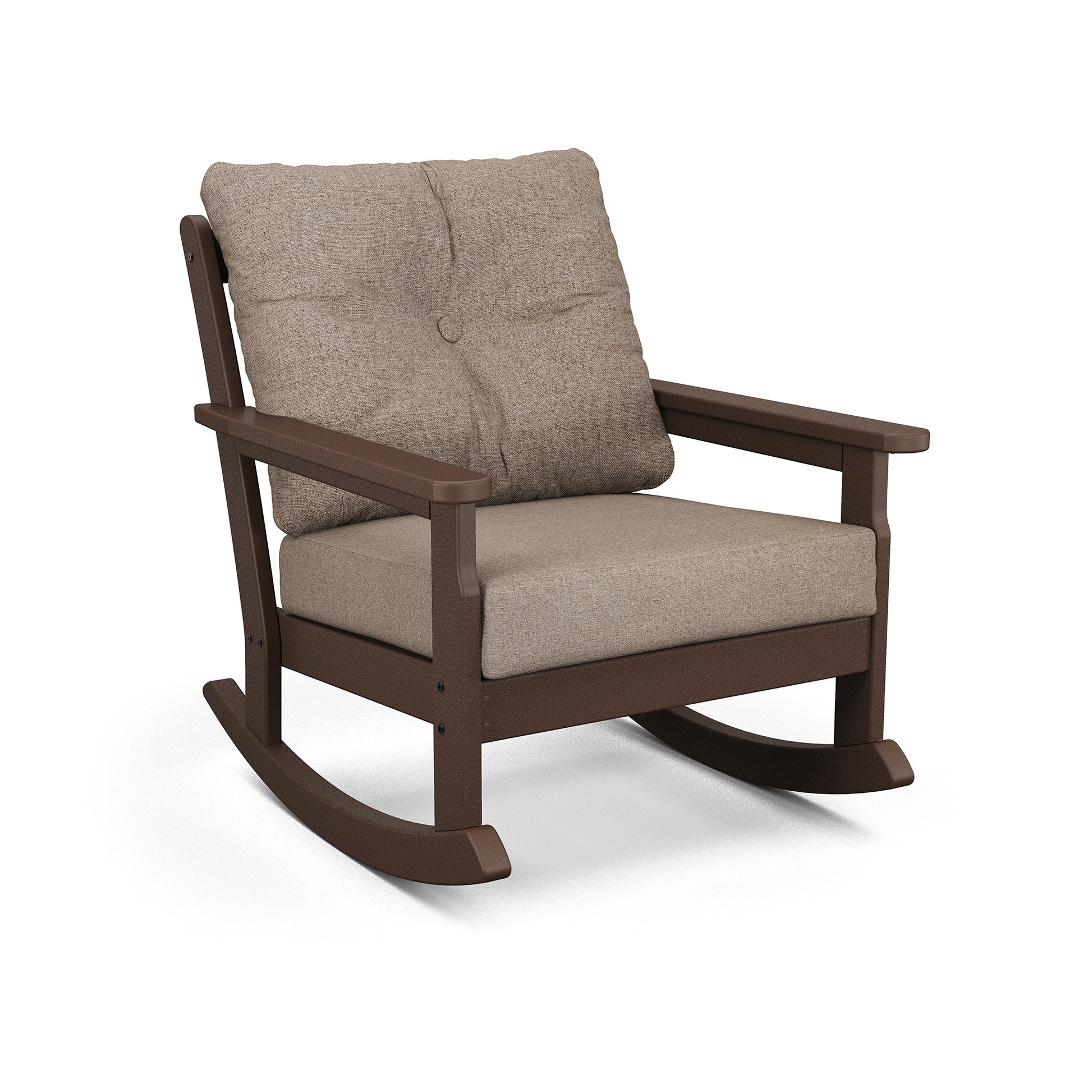 A modern POLYWOOD Vineyard Deep Seating Rocking Chair with a dark brown frame and beige cushions, isolated on a white background. The chair features a simple, contemporary design and is ideal for outdoor furniture maintenance.