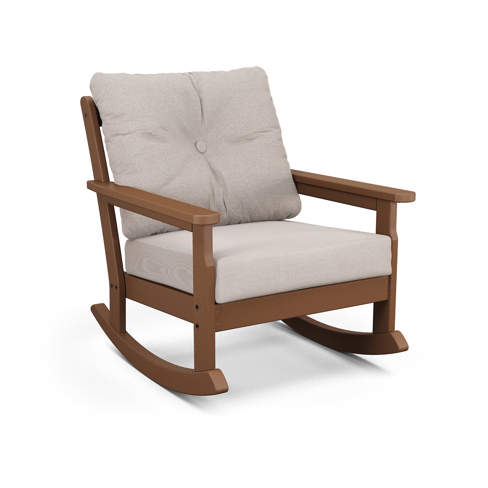 A modern POLYWOOD® Vineyard Deep Seating Rocking Chair with a brown frame and plush, light beige cushions on a white background.