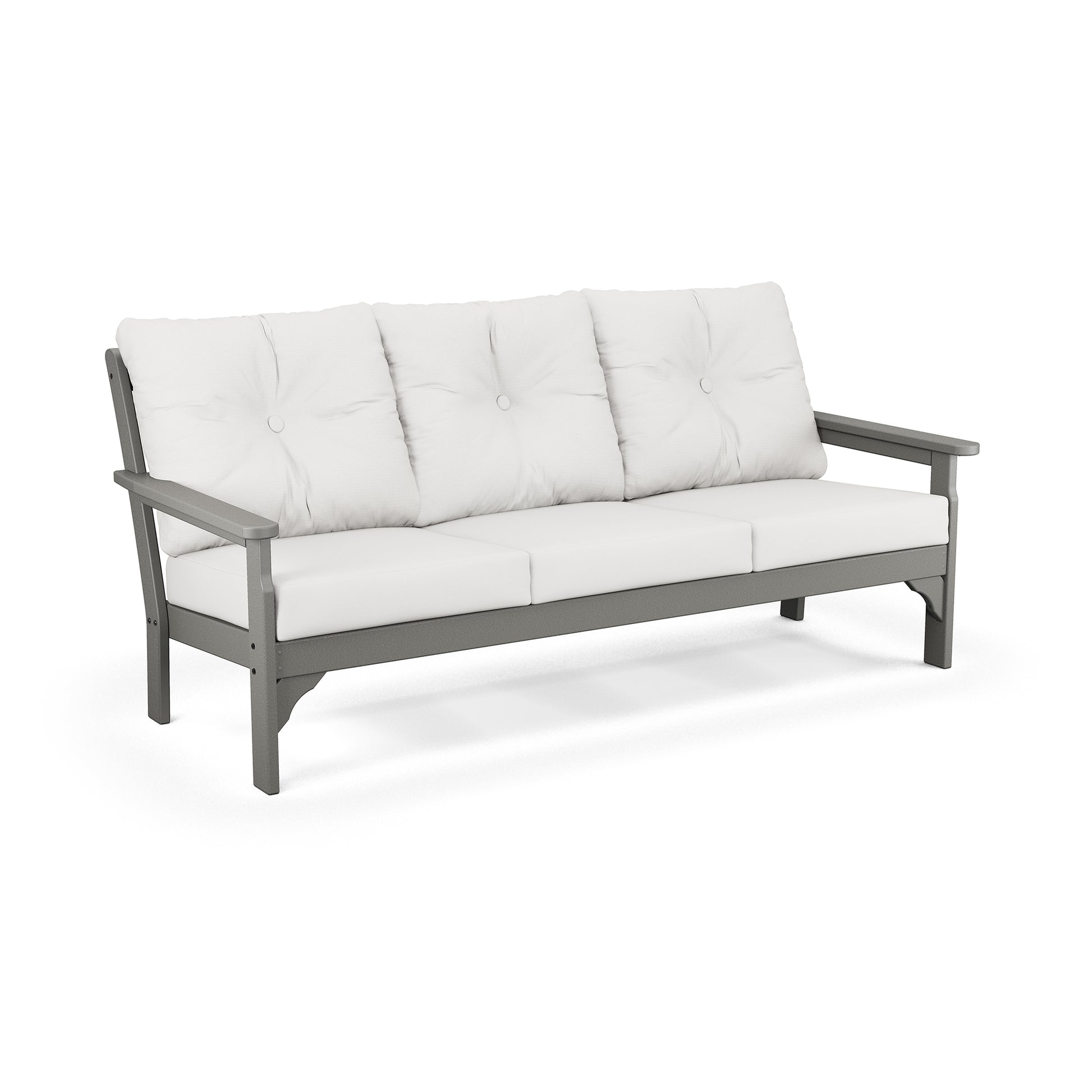 A minimalist POLYWOOD Vineyard Deep Seating Sofa with a gray POLYWOOD frame and white cushions, featuring a simple, clean design suitable for modern patios.