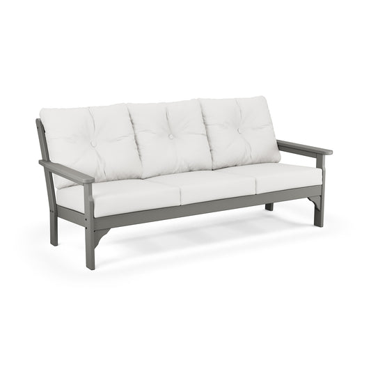 Light gray cushioned POLYWOOD Vineyard Deep Seating Sofa with a dark gray weather-resistant recycled plastic frame.