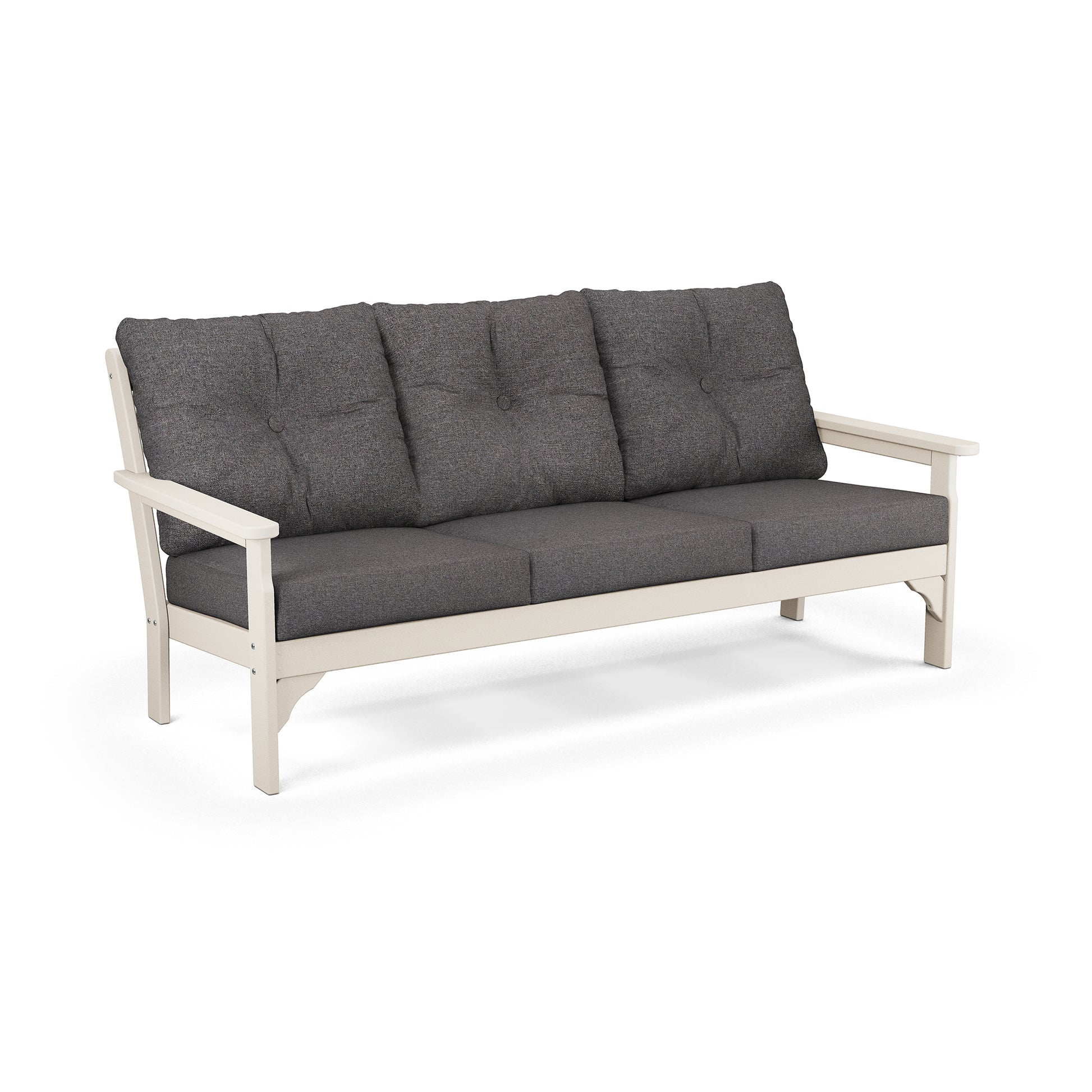 A modern three-seater POLYWOOD Vineyard Deep Seating Sofa with a white POLYWOOD® frame and tufted gray cushions, isolated on a white background.