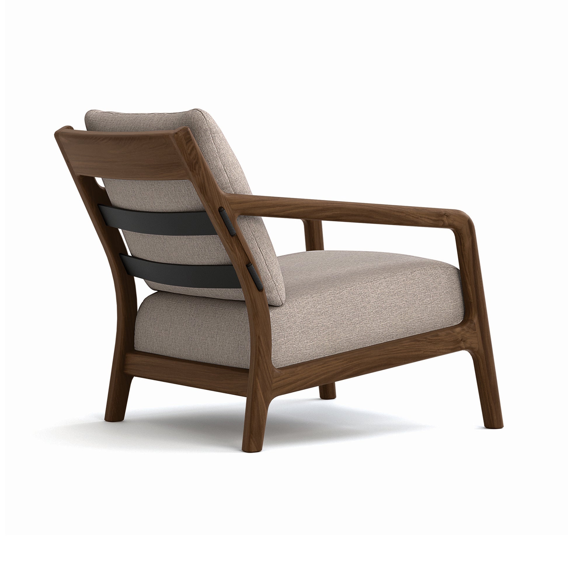 Whitney Lounge Chair by Copeland Furniture with solid hardwood frame, curved arms, and beige cushions; handcrafted American made quality.