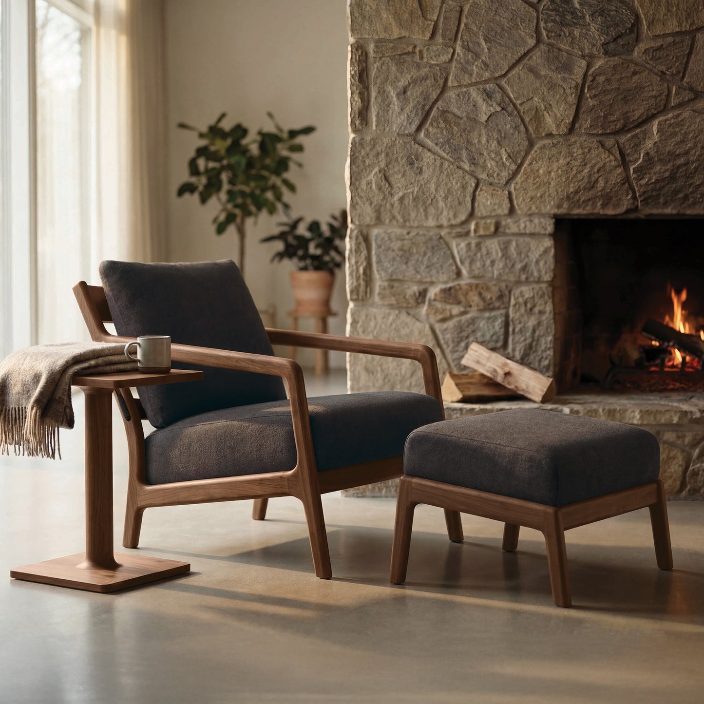 Solid American hardwood armchair and Copeland Whitney Ottoman showcase expert craftsmanship, highlighting Vermont-made quality furniture.