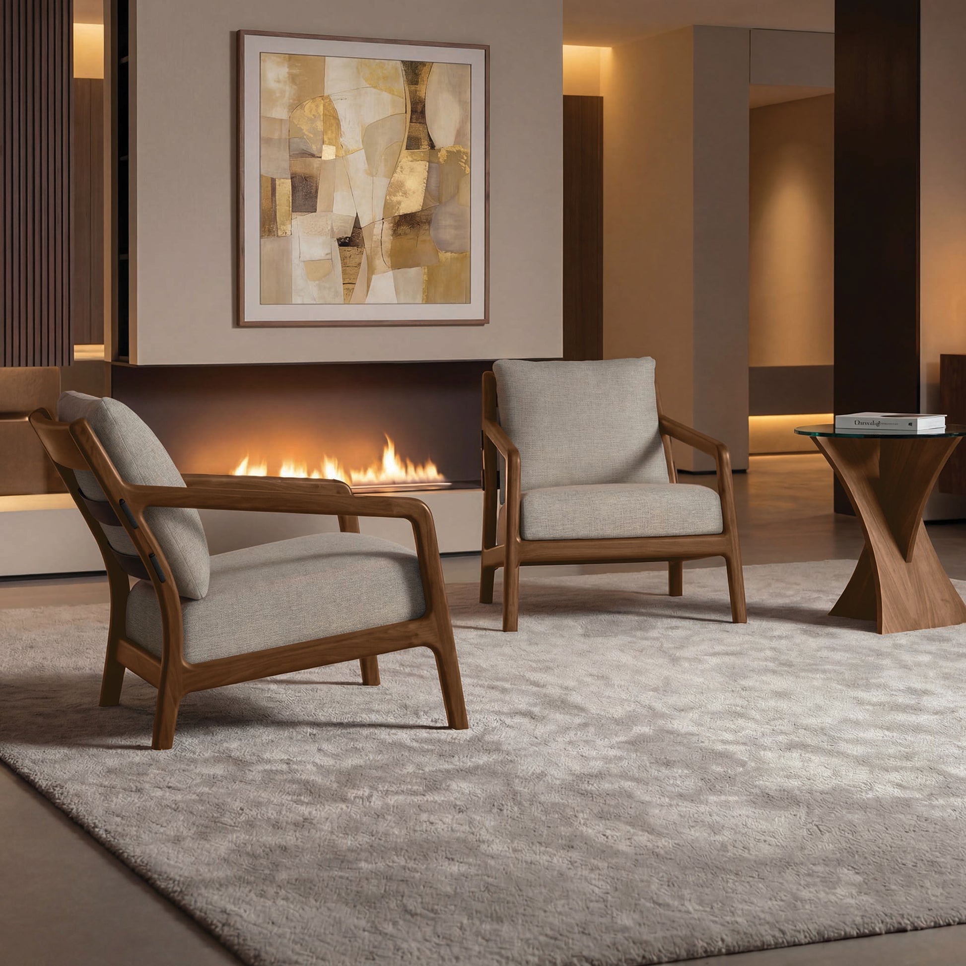 Pair of Copeland Furniture Whitney Lounge Chairs displayed on a light rug, highlighting their craftsmanship and quality American-made design.