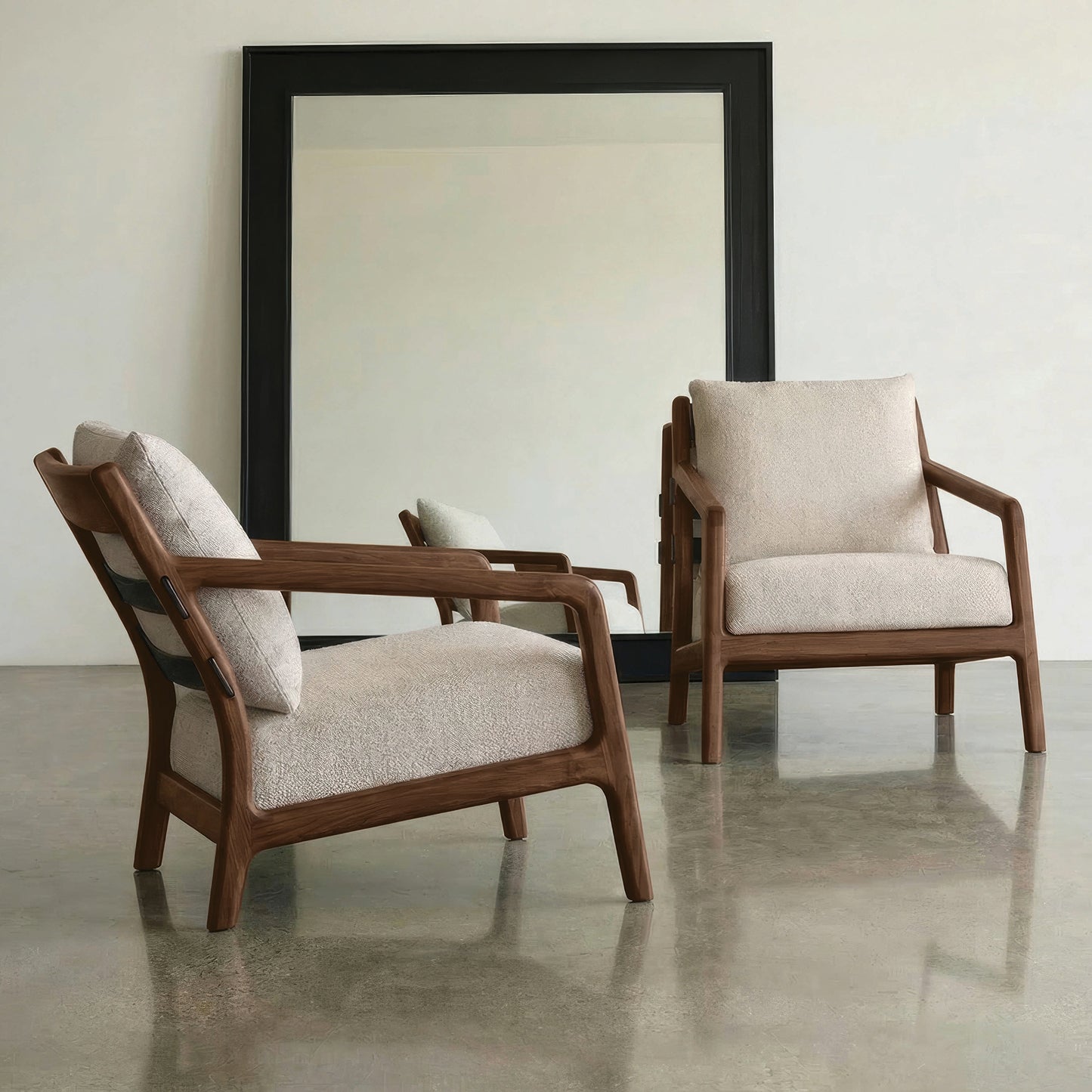 Whitney Lounge Chairs by Copeland Furniture with beige cushions, showcasing American-made craftsmanship and modern design.