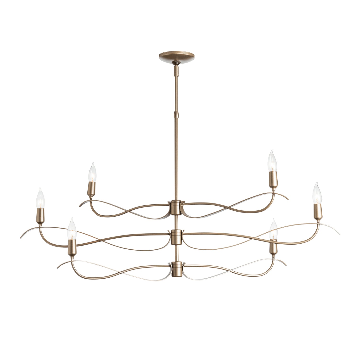 The Hubbardton Forge Willow 6-Light Small Chandelier, manufactured by the renowned brand name Hubbardton Forge, features a modern design with a brass finish, perfect for illuminating any space.