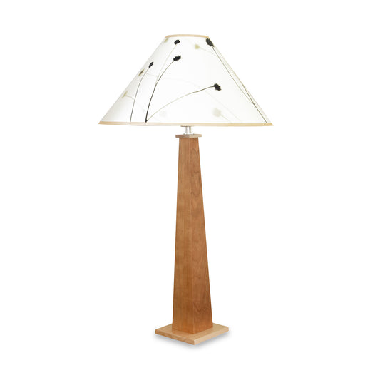 Rock River Studio Winter Hill Table Lamp with a handcrafted wooden base and black floral white shade, showcasing modern American-made furniture design.