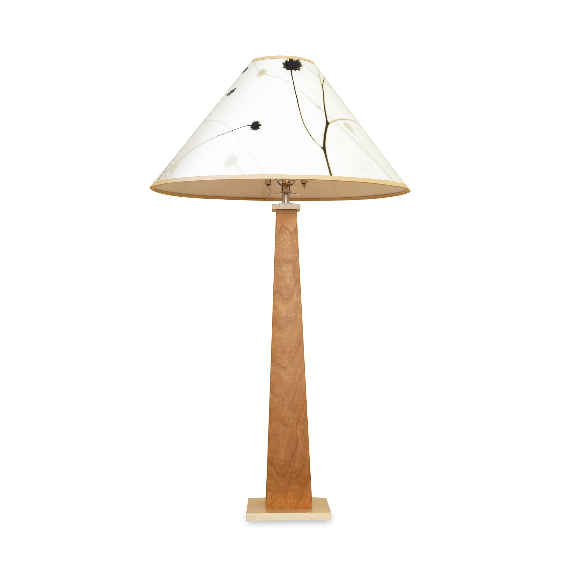 Winter Hill Table Lamp by Rock River Studio with a square base and white shade adorned with black floral patterns, showcasing modern American-made craftsmanship.