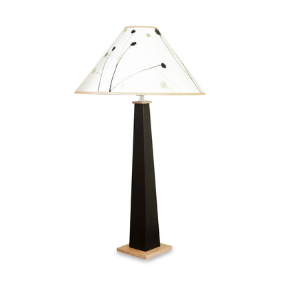 Winter Hill Table Lamp by Rock River Studio with a black base and white shade featuring a minimalist black floral pattern, showcasing handcrafted American-made design.