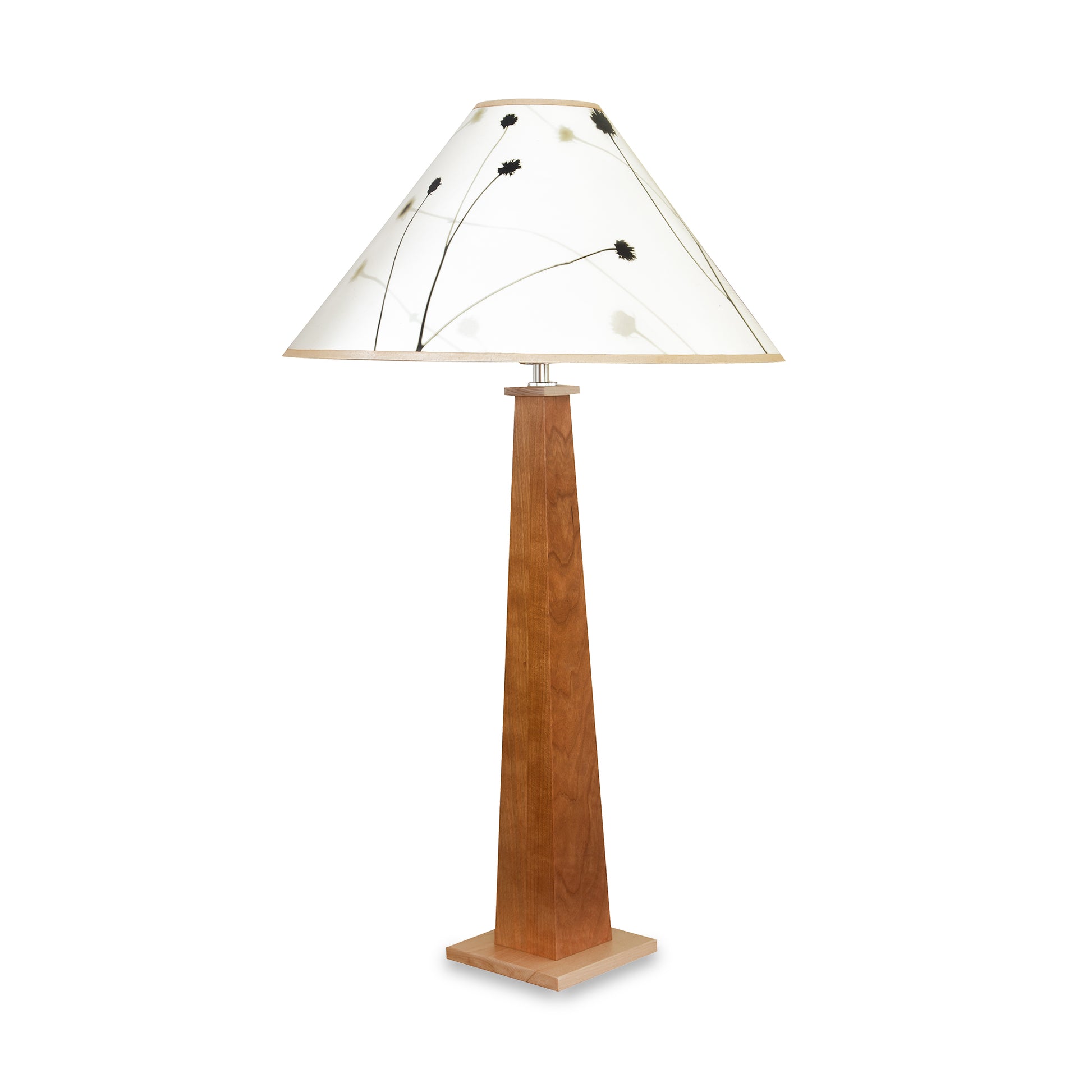 Winter Hill Table Lamp by Rock River Studio with square base and white floral shade, showcasing elegant American craftsmanship and modern design.