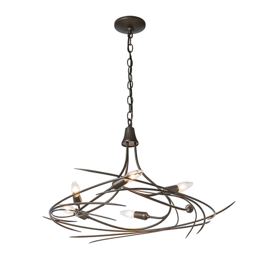 The Hubbardton Forge Wisp 6-Light Chandelier is an elegant silhouette made of metal with a black finish.