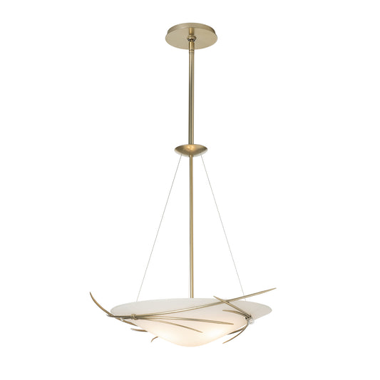 Hubbardton Forge offers an elegant Wisp Pendant light fixture featuring a white shade and a stunning brass finish. The Hubbardton Forge Wisp Pendant is the perfect addition to any space, showcasing both style and sophistication.