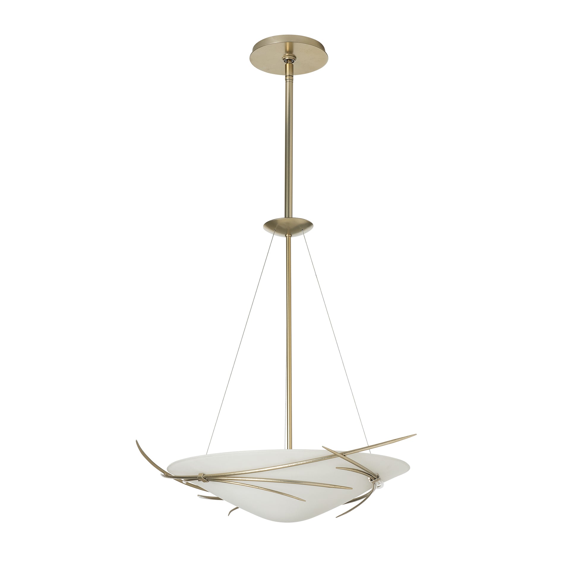 The Hubbardton Forge Wisp Pendant is a stylish light fixture with a glass shade that beautifully complements its brass finish.
