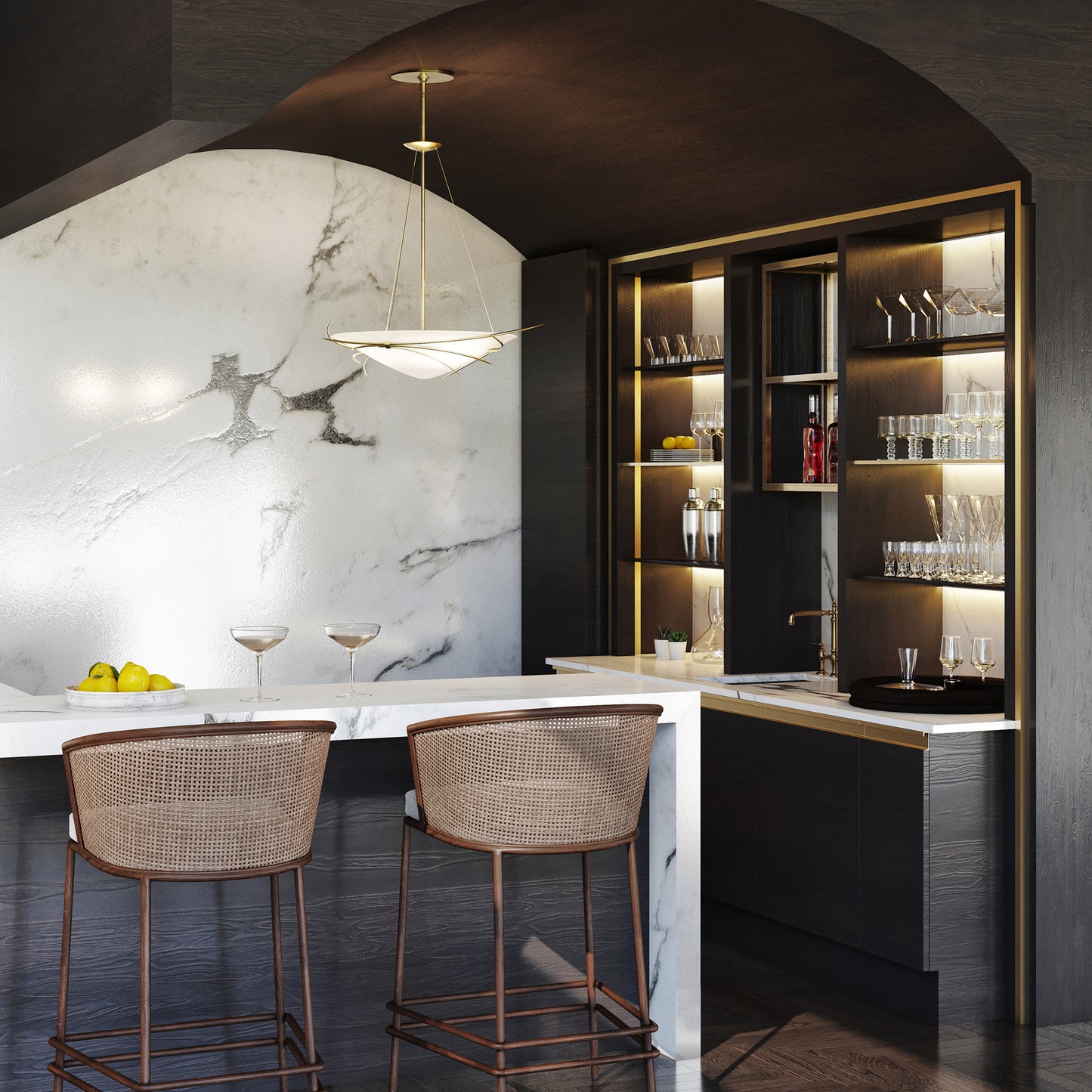 A modern bar with tailored marble counter tops and stools, featuring the Hubbardton Forge Wisp Pendant, creating an elegant ambiance.