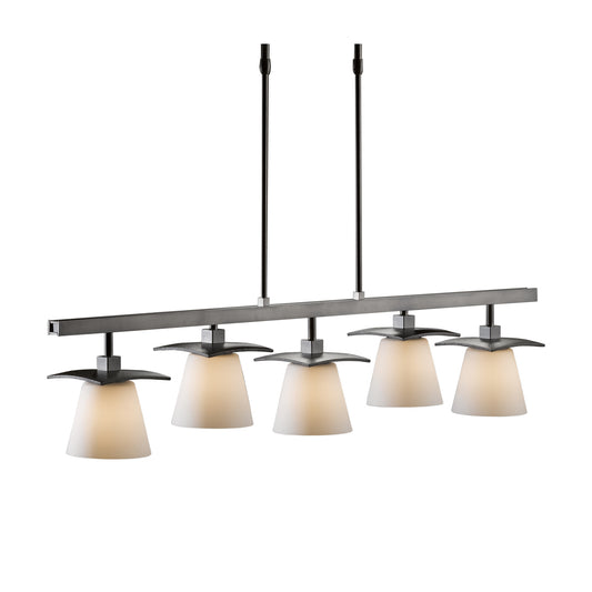 The Wren 5-Light Pendant by Hubbardton Forge is a handcrafted light fixture from Vermont, featuring four lights and a white shade.