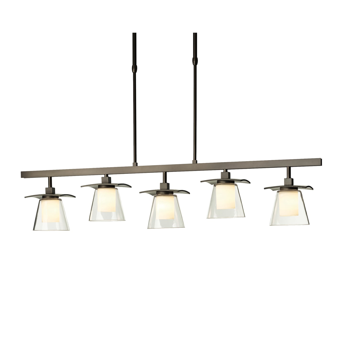 This handcrafted in Vermont light fixture, known as the Hubbardton Forge Wren 5-Light Pendant, features a glass shade and four lights.