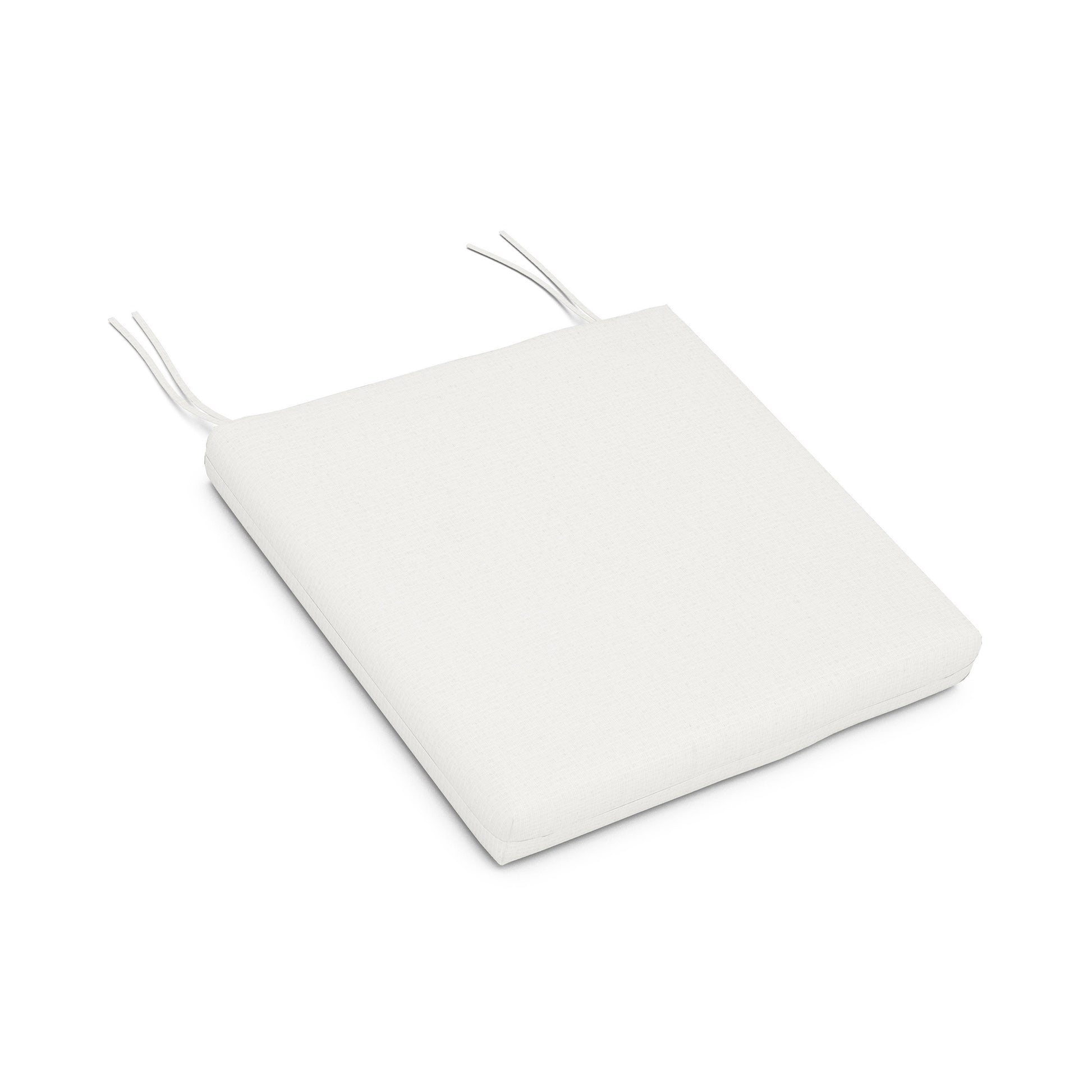 A 3D rendering of a weather-resistant upholstery fabric square cushion with two protruding string ties, isolated on a white background. XPWS0001 - Seat Cushion by POLYWOOD.