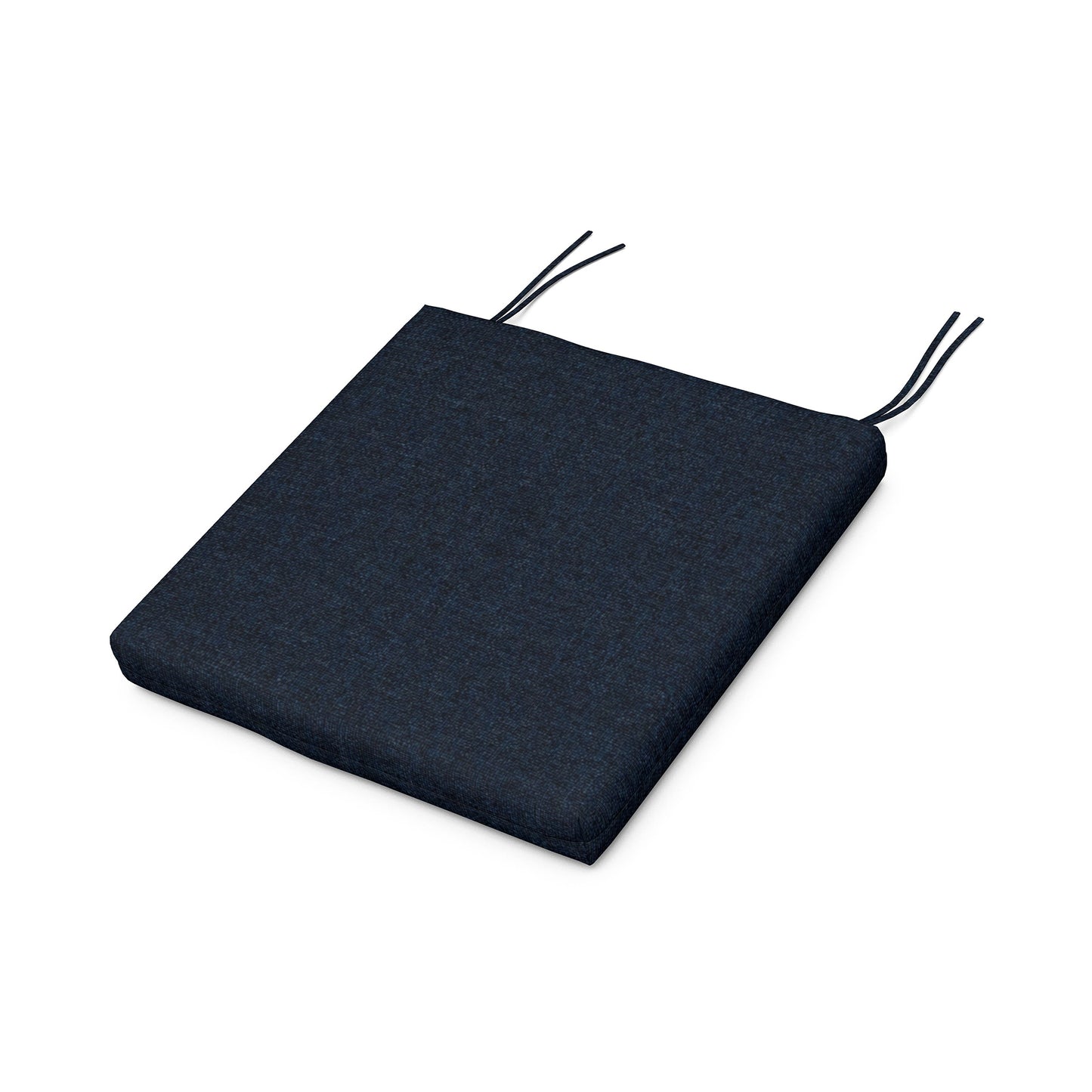 A dark blue, square-shaped POLYWOOD® XPWS0006 - Seat Cushion with two black tying straps at the back, isolated on a white background.