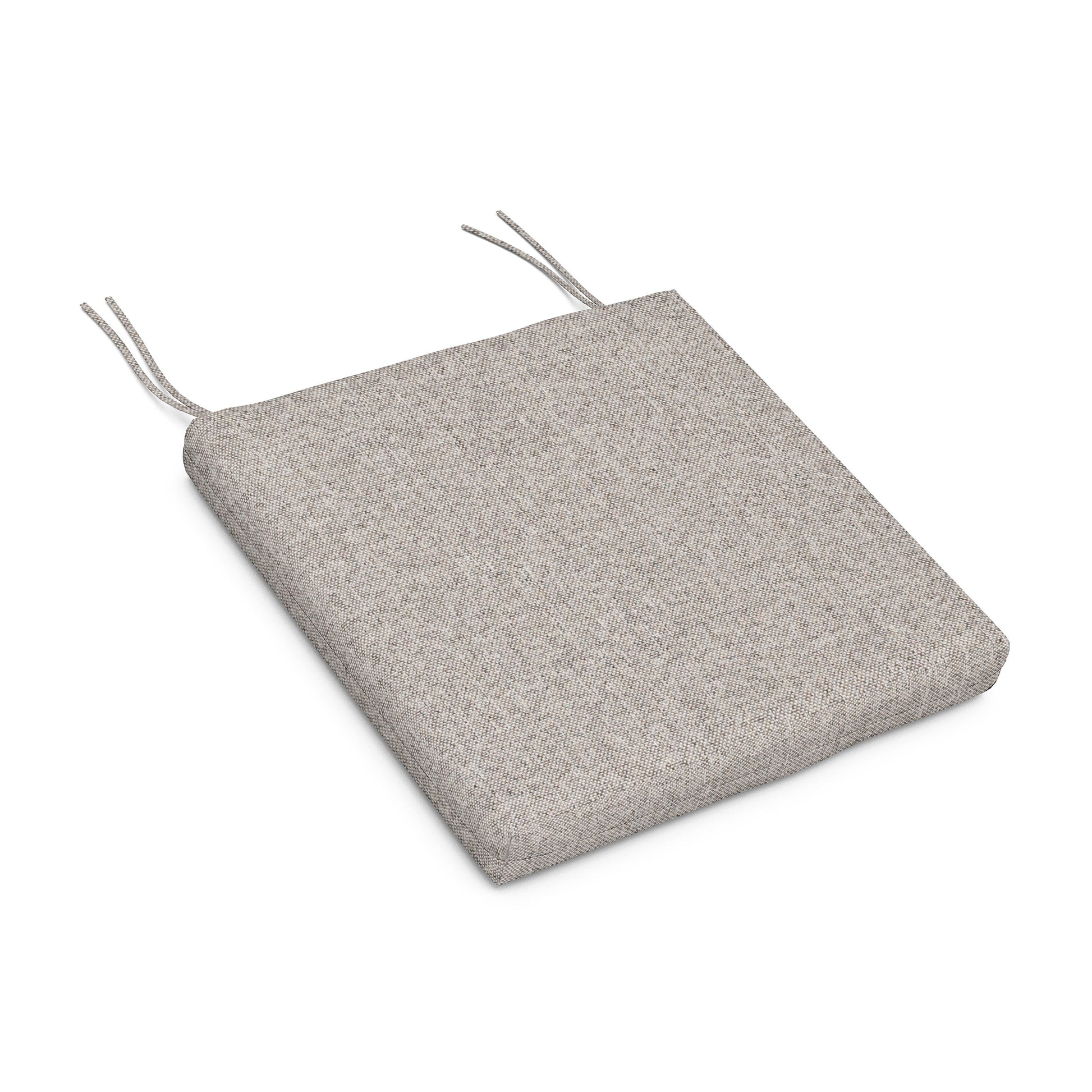 A square, gray, weather-resistant upholstery fabric cushion with two protruding strings, isolated on a white background by POLYWOOD's XPWS0007 - Seat Cushion.