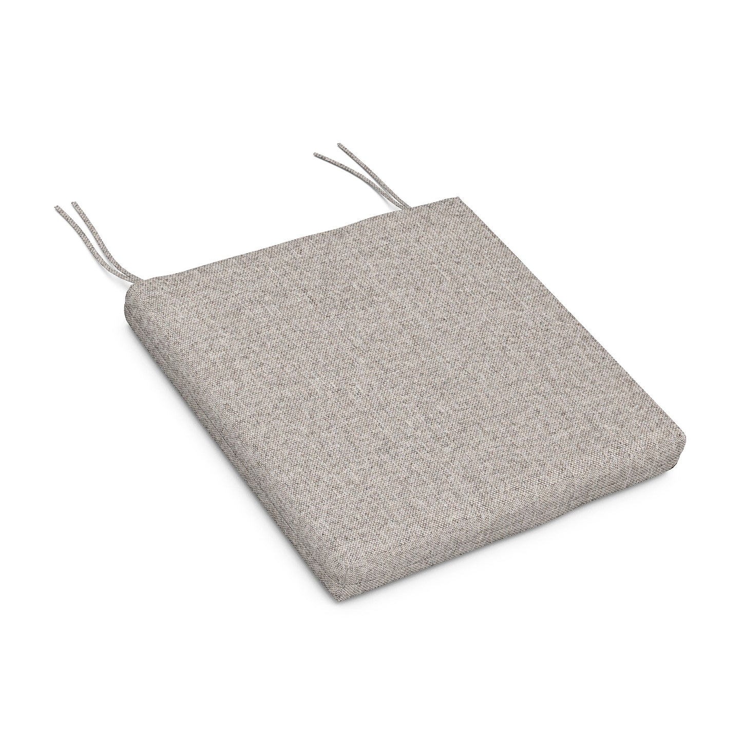 A light gray POLYWOOD® XPWS0008 - Seat Cushion with two ties on each side, displayed on a plain white background.