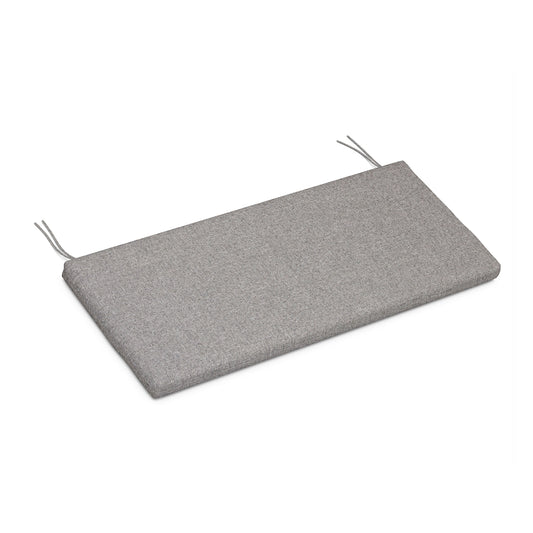 A weather-resistant grey bench cushion with ties at the corners, isolated on a white background.