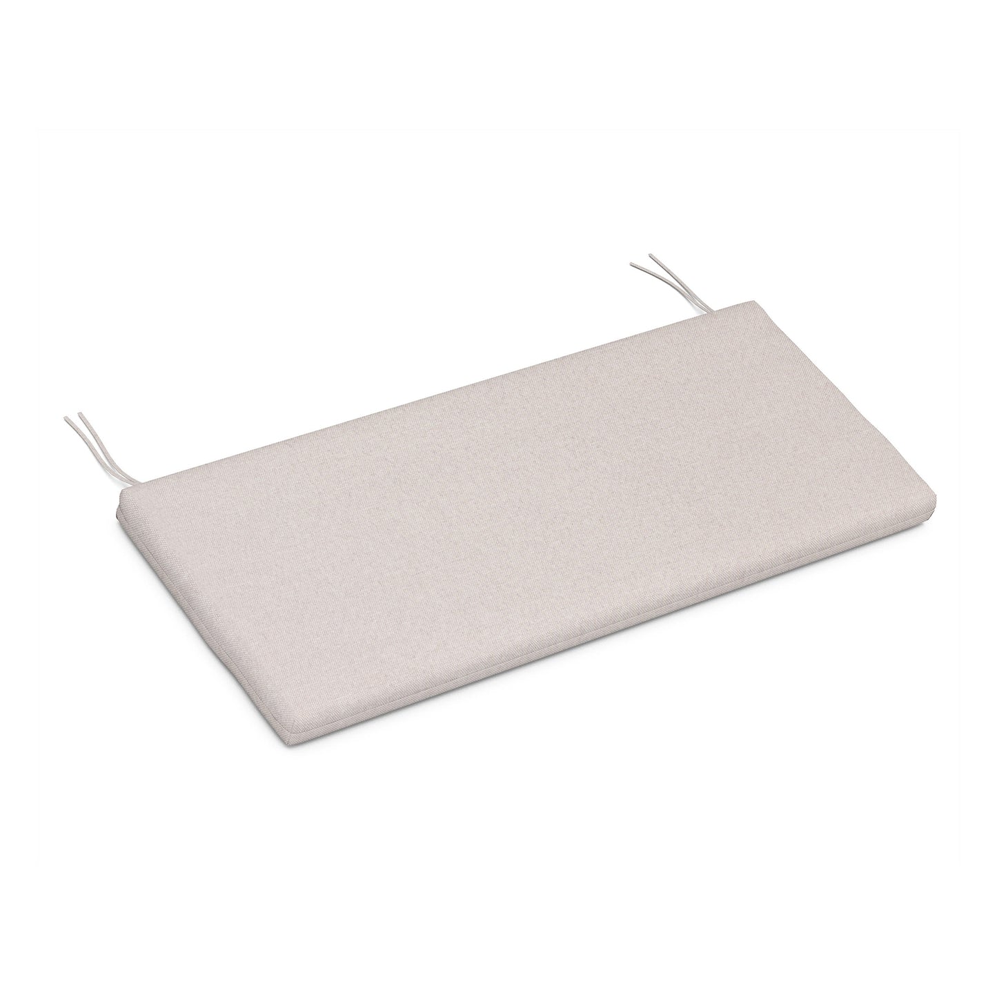 A rectangular outdoor bench cushion in light beige with tie strings at the ends, crafted from weather-resistant upholstery fabric, displayed on a white background. XPWS0012 - Seat Cushion by POLYWOOD.
