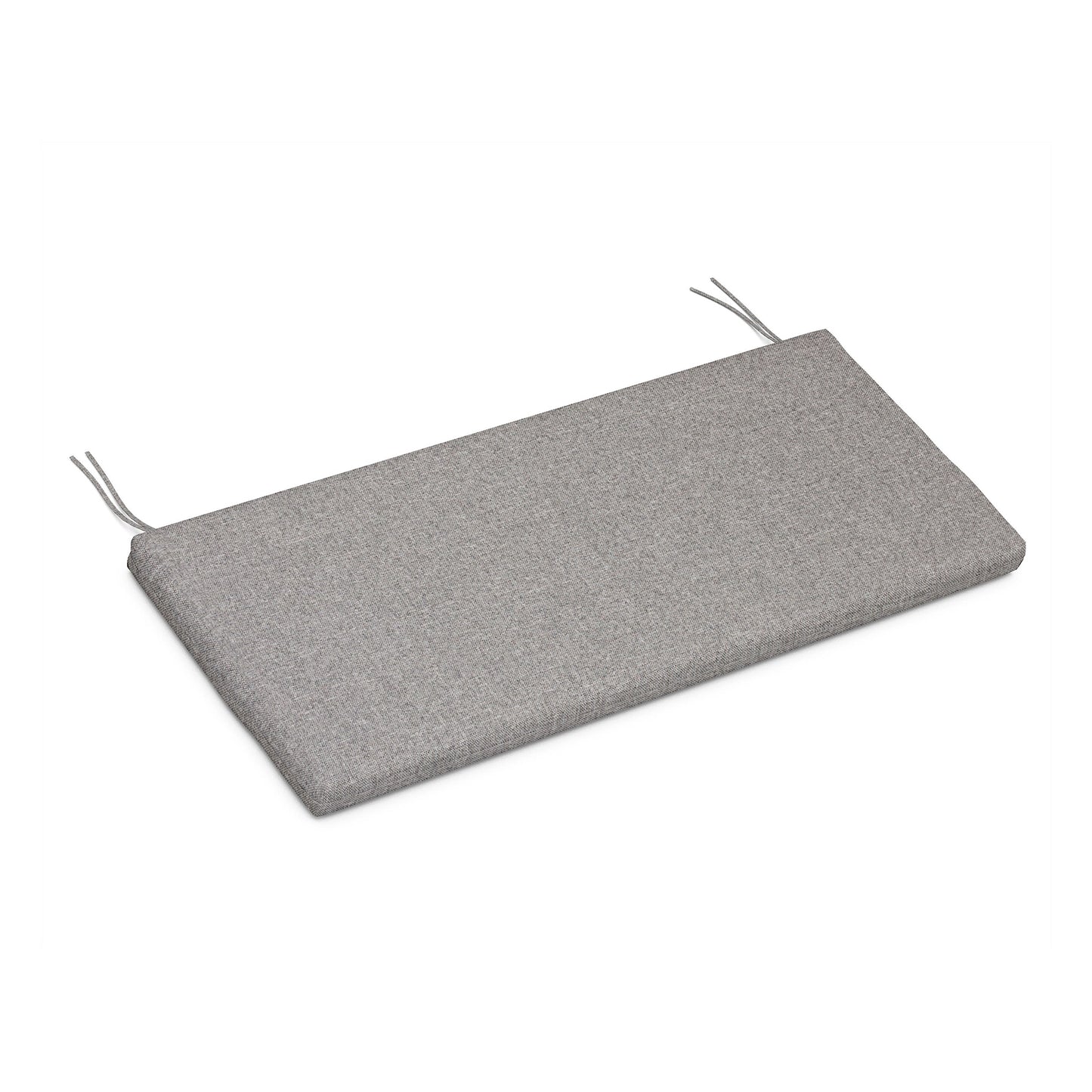 A rectangular XPWS0012 seat cushion in a light gray, weather-resistant upholstery fabric with ties at each end, isolated on a white background from POLYWOOD.