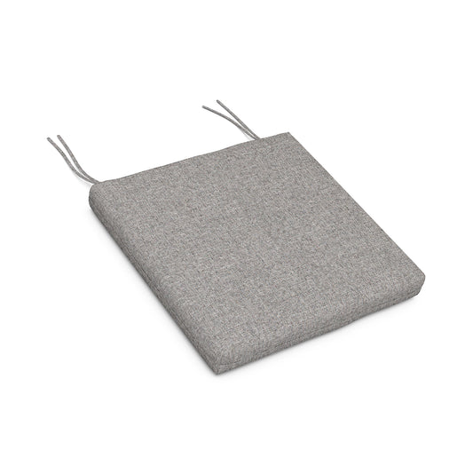 A gray POLYWOOD® XPWS0149 fabric-covered square chair cushion with two protruding string ties at the back, isolated on a white background.
