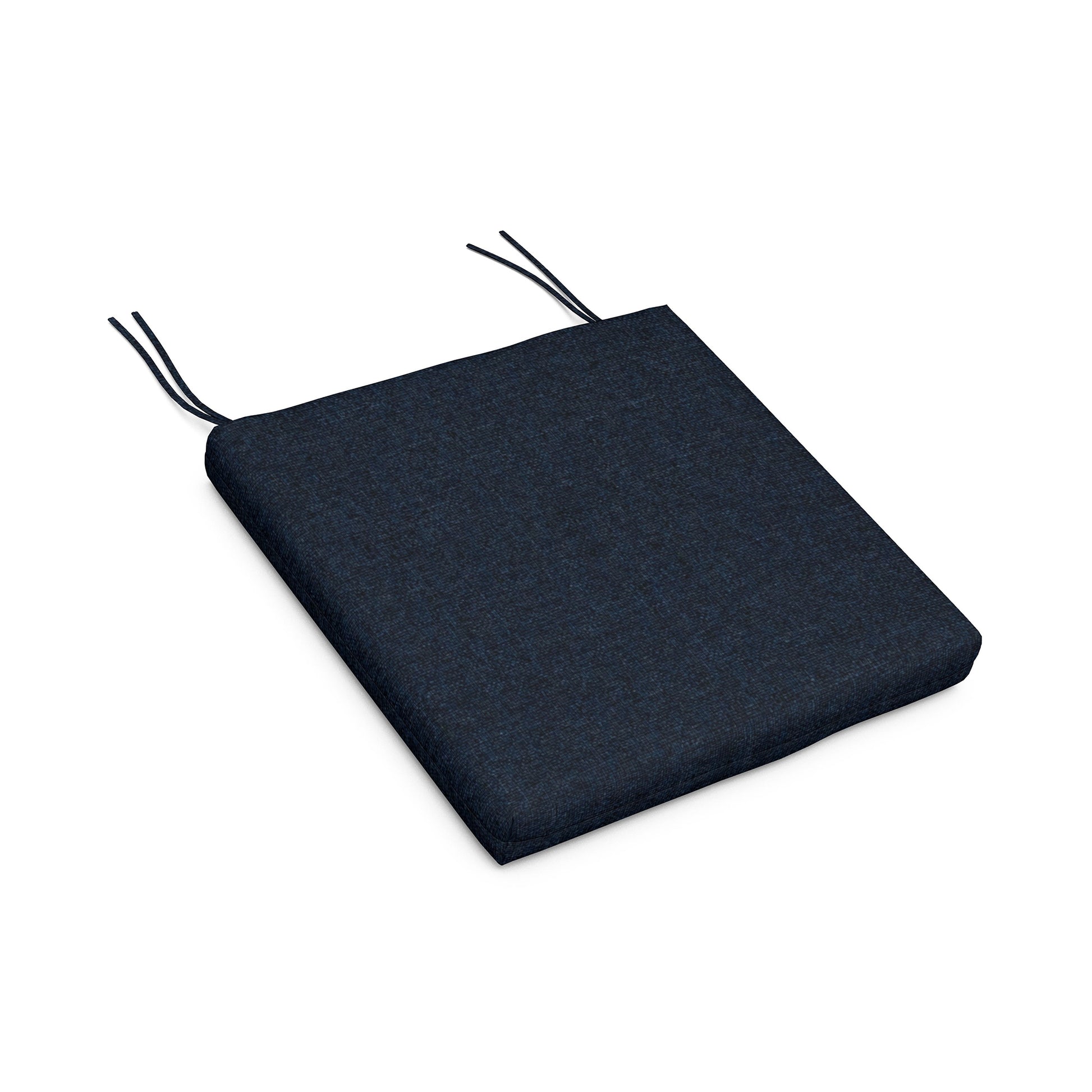 A square, dark blue POLYWOOD Adirondack chair cushion with two attached black tie strings, displayed against a white background.