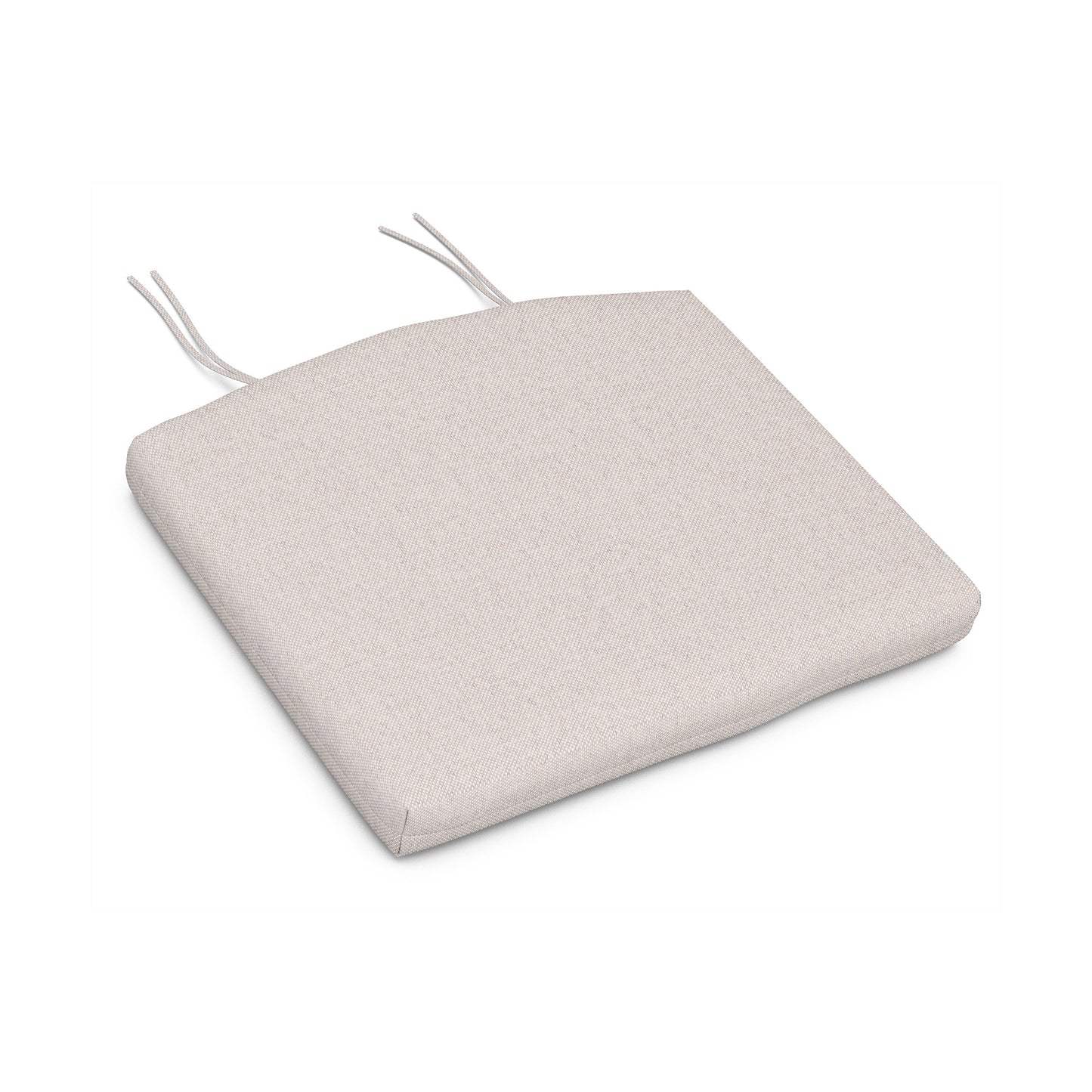A beige POLYWOOD® XPWS0153 - Seat Cushion with two ties at the back, displayed on a white background. The cushion is square-shaped with a slightly textured, weather-resistant upholstery fabric surface.