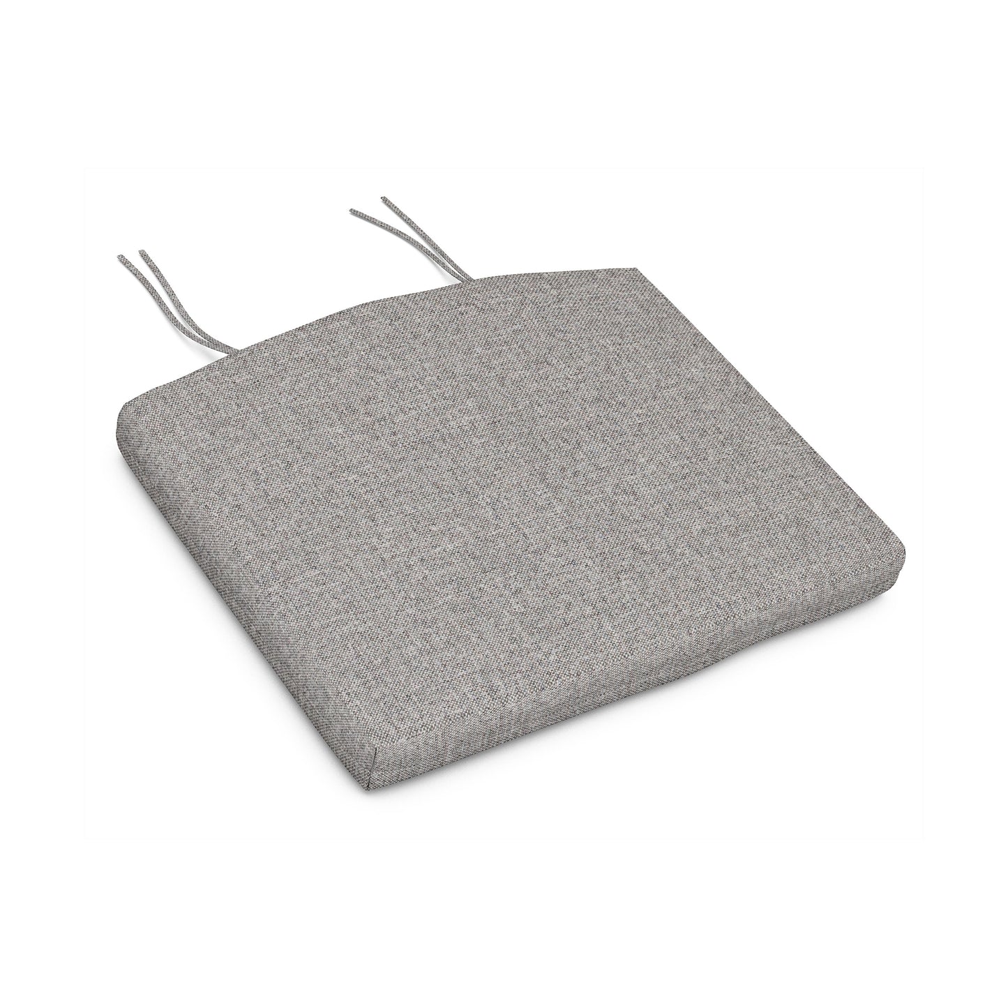 A square gray POLYWOOD XPWS0153 seat cushion with weather-resistant upholstery fabric and two attached tie straps, displayed against a white background.