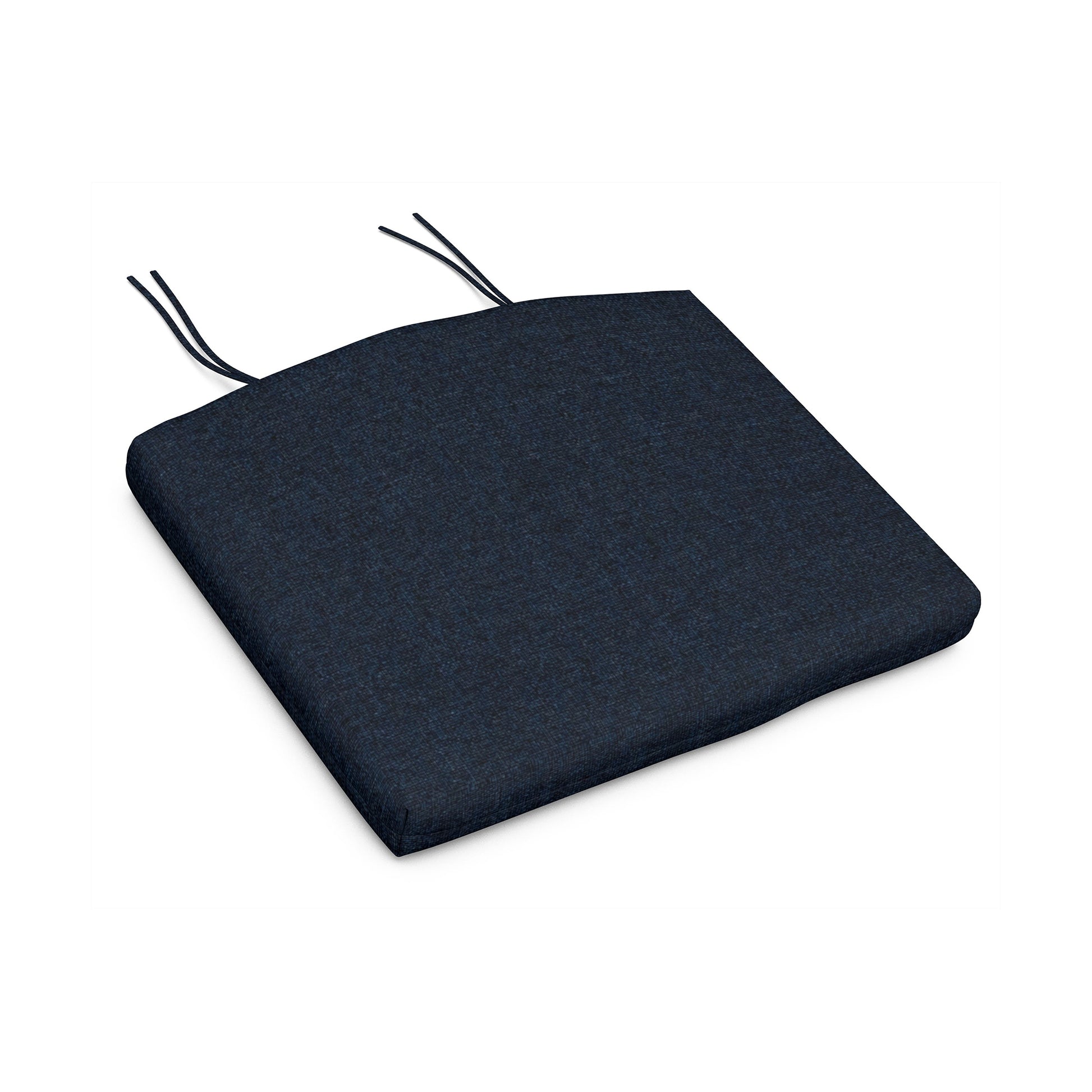 A square, navy blue POLYWOOD Adirondack chair cushion with two black tie straps at the back, isolated on a white background.