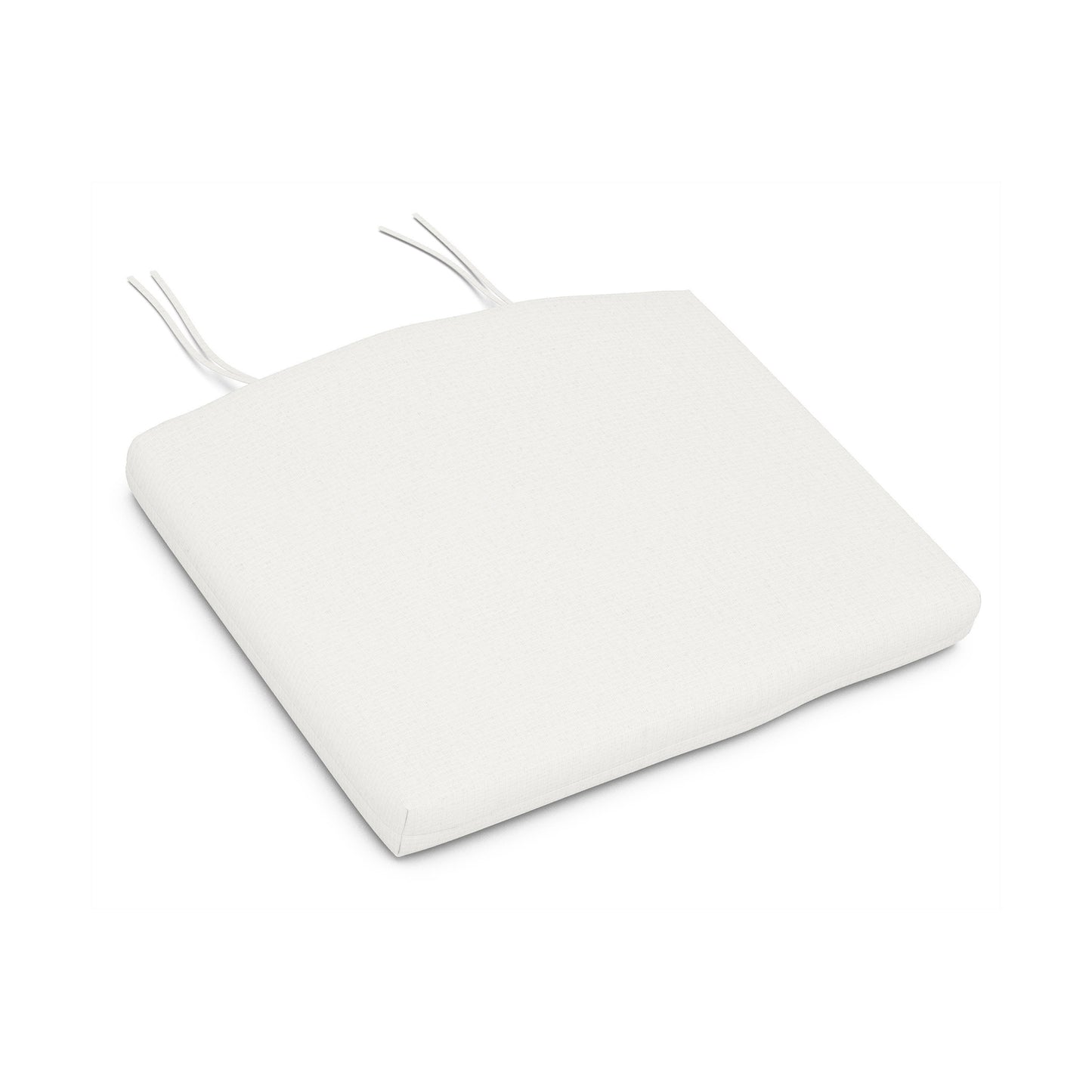A white square POLYWOOD® XPWS0153 seat cushion with two loose string ties on each side, placed on a white background.