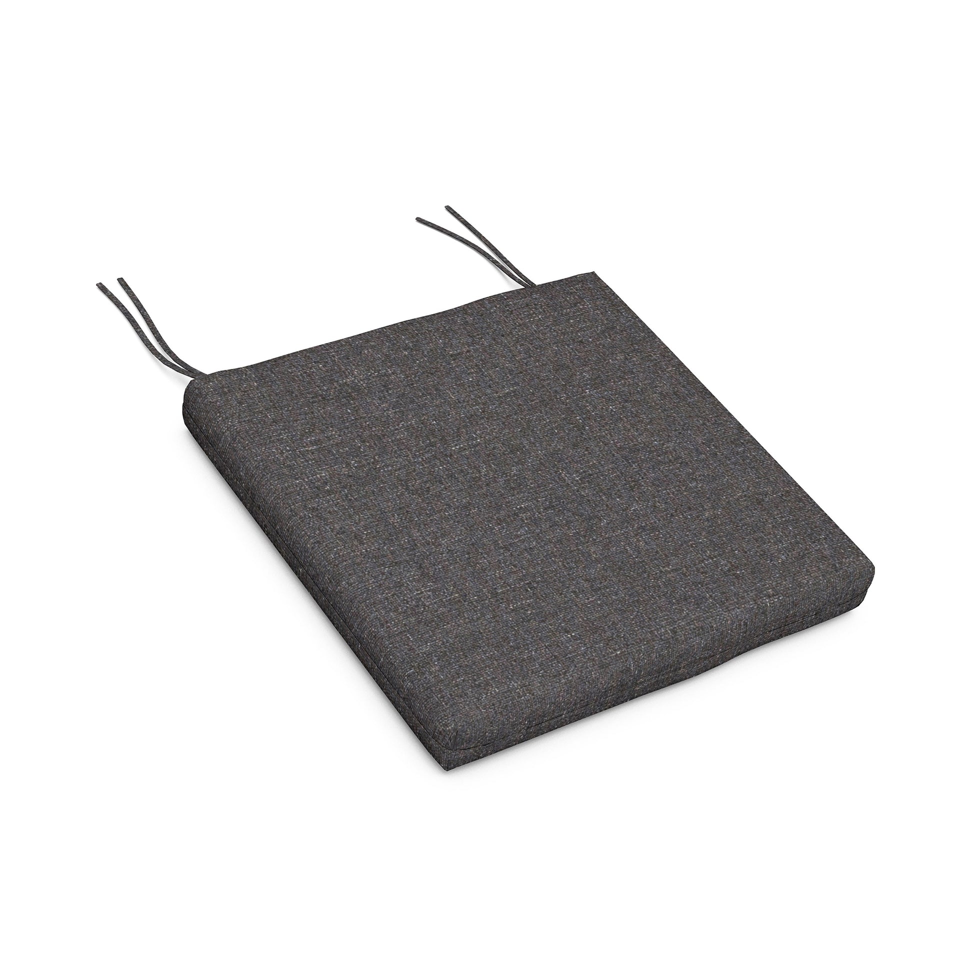 A dark gray, square POLYWOOD® XPWS0172 - Seat Cushion with two protruding tie strings for securing it to a chair, isolated on a white background.