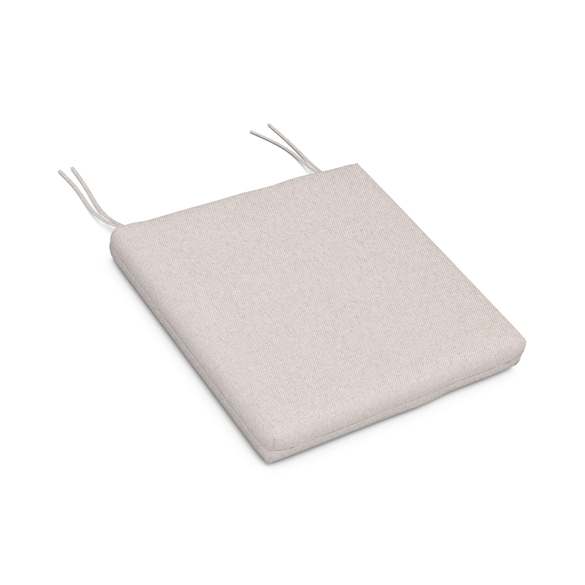 A light gray POLYWOOD® XPWS0172 - Seat Cushion with fabric ties at each corner, isolated on a white background.