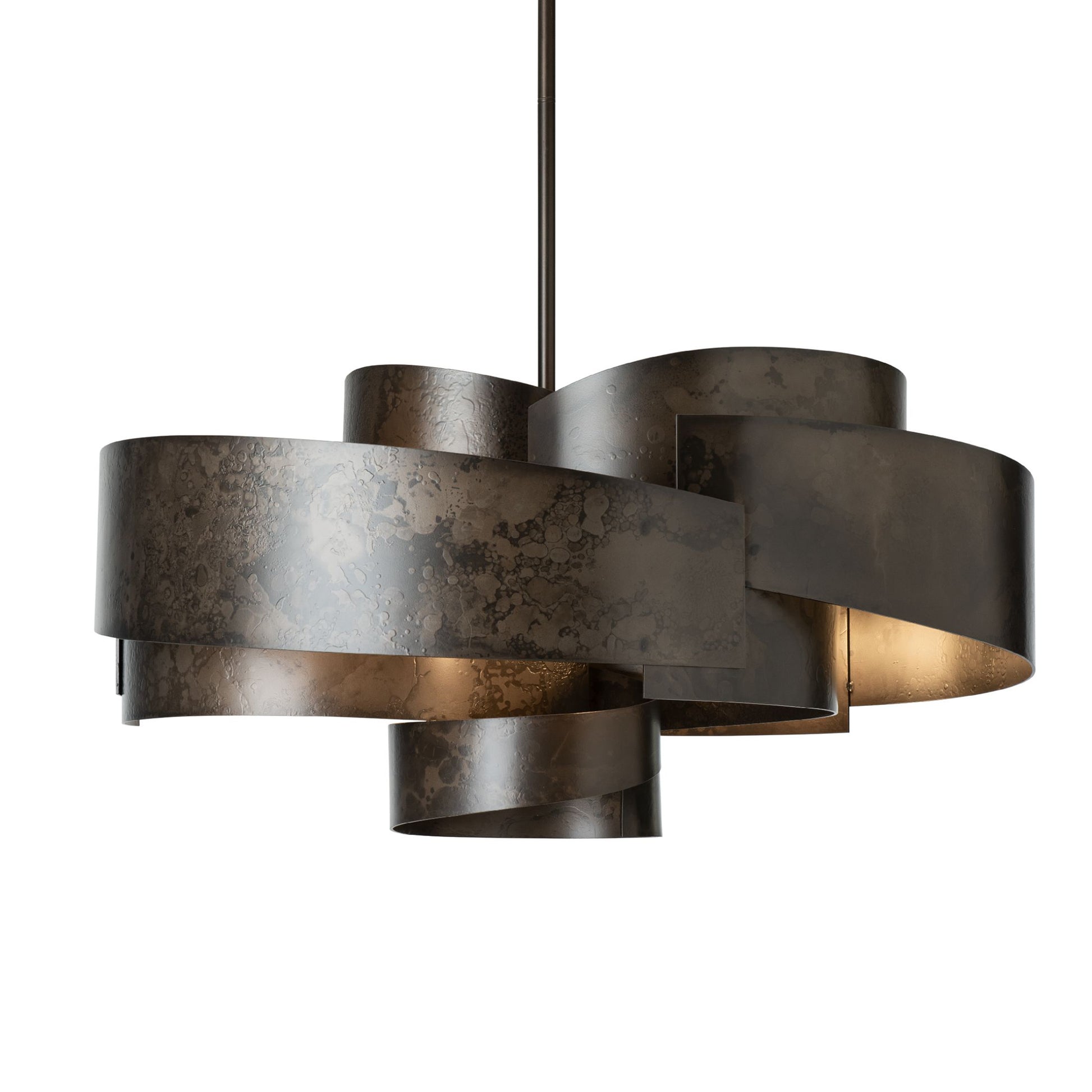 Zen Pendant by Hubbardton Forge with overlapping handcrafted metal bands, showcasing elegant American-made design.