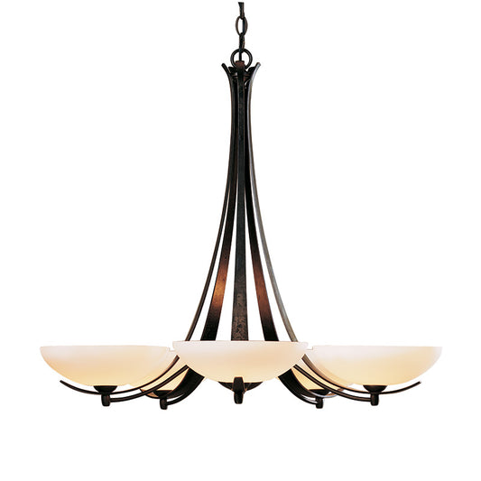 Hubbardton Forge Aegis Chandelier with five frosted glass shades and natural iron finish, suspended by chain.