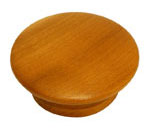 A round wooden knob on a white background.